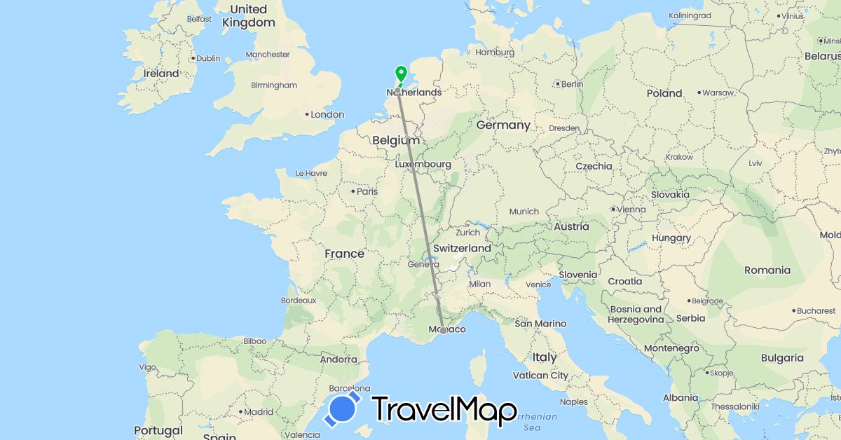 TravelMap itinerary: driving, bus, plane in France, Netherlands (Europe)